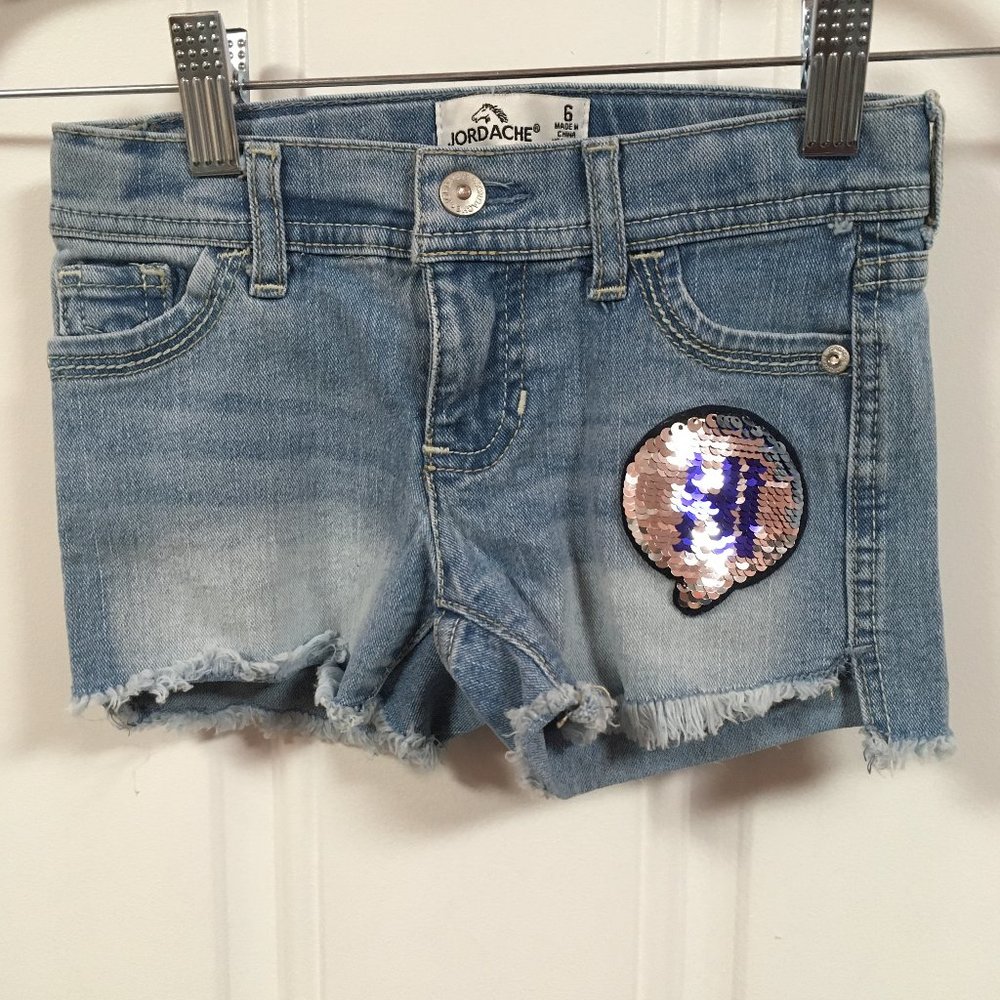 Jordache Raw Hem Denim shorts, Sequin "Hi" - size 6